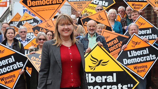 Sarah Gibson in front of crowd