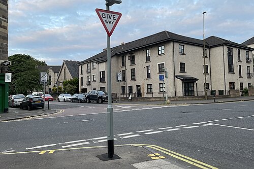 Give Way sign at the corner of Dalmeny Street and Easter Road