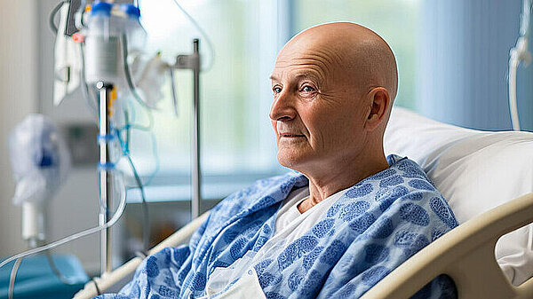 bald man sitting on hospital bed